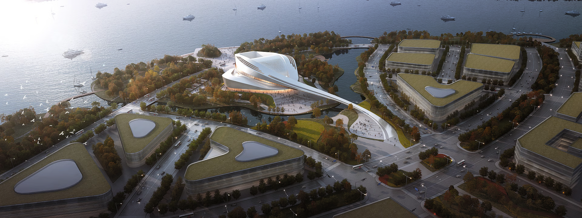 Render of Bianzhong Grand Theatre, aerial view from the southwest