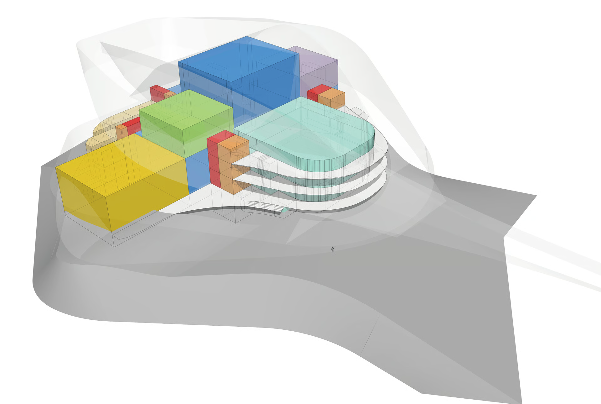 Four functional zones: the theatre (blue, with the foyer in cyan), backstage facilities (dance rehearsal hall in yellow, orchestra and choir rehearsal hall in green), administration and support facilities (purple), car park (grey); with the vertical movement facilities in red and orange