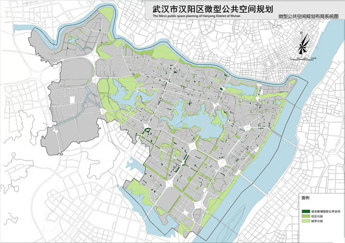 Planned multi-tiered urban public space system in Hanyang District, compromising urban parks, community parks, and micro-scale public space