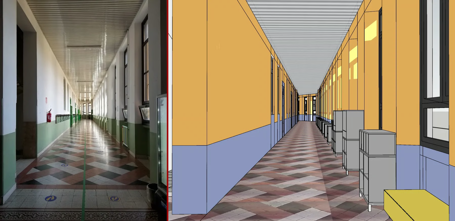 Refurbishment design of the corridor, in comparison with the status quo