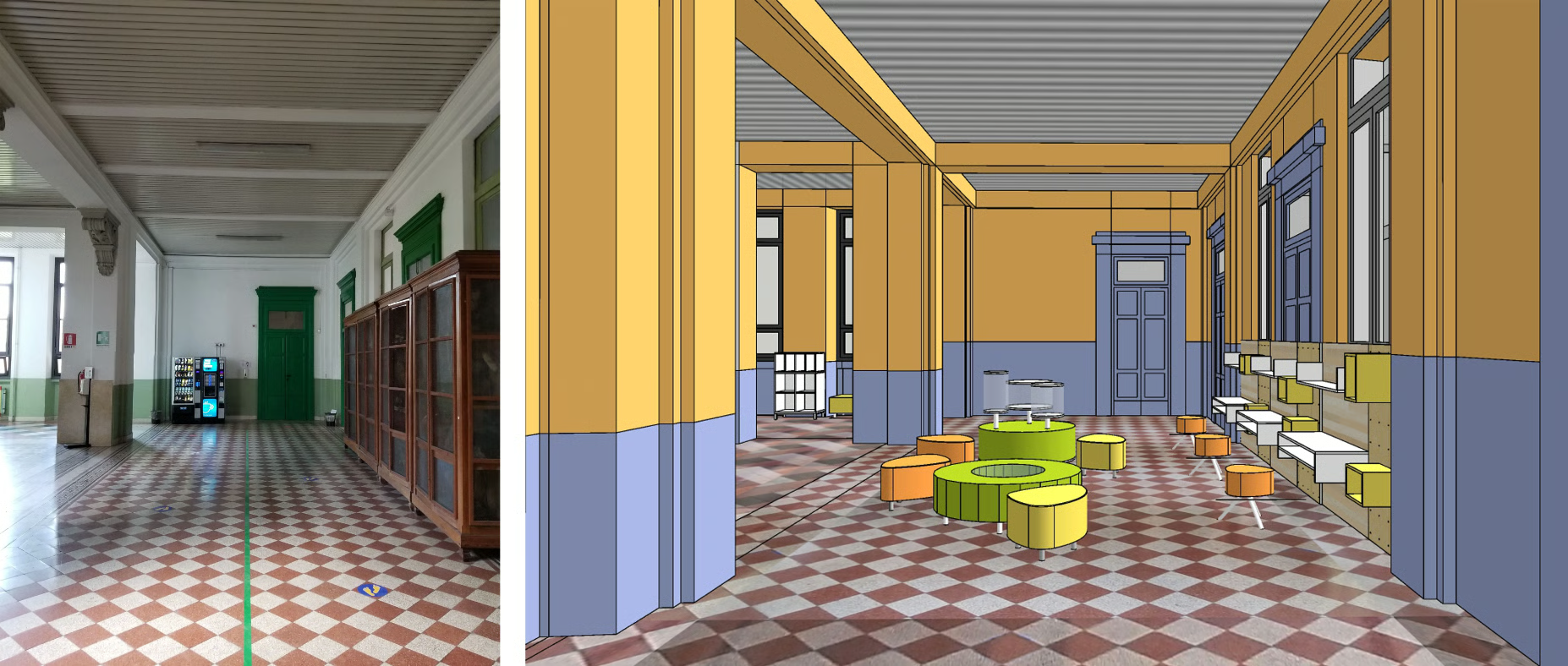 Refurbishment design of the lobby, in comparison with the status quo