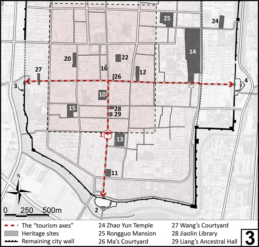 The ‘city for tourists’ and the ‘axes for tourists’, showing the remaining heritages sites in Zhengding