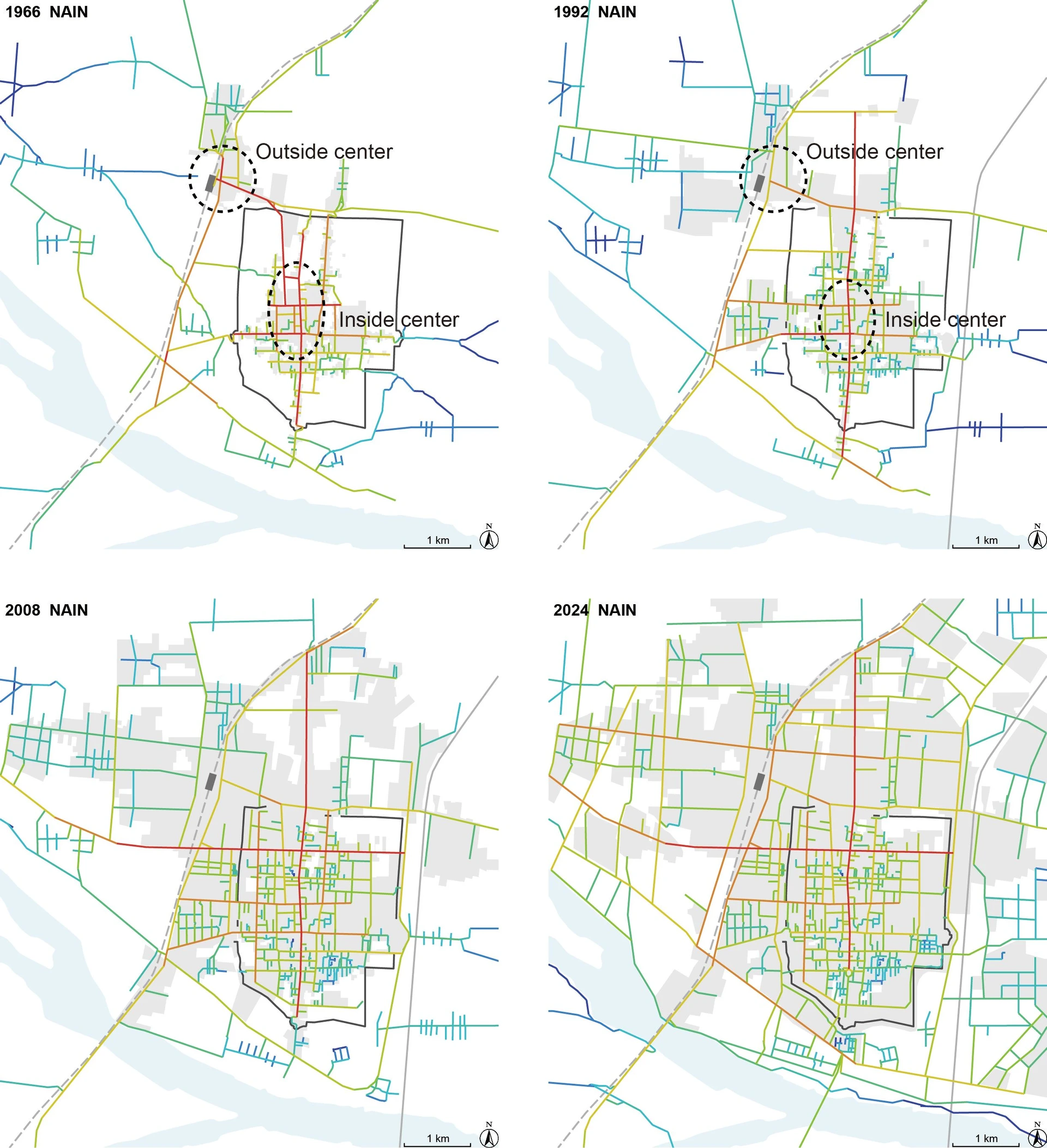 The results of NAIN (Normalized Angular Integration) analysis on Zhengding in 1966, 1992, 2008, and 2024, with the built-up area illustrated with gray in the background. Source: the authors, 2024.
