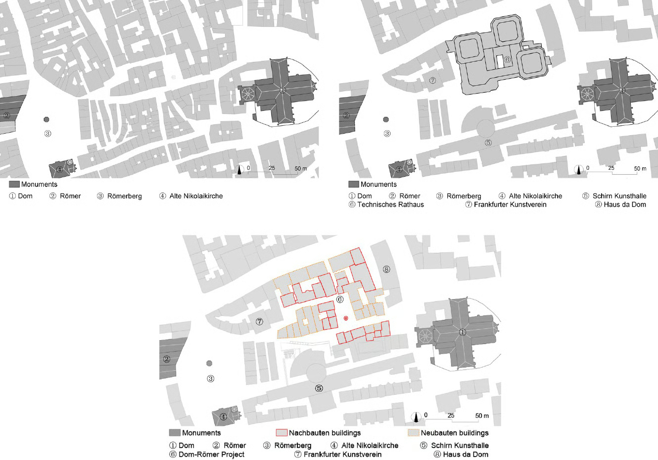 Dom-Römer区域，总平面图。左上：1862年；右上：2010年，复建前；下：复建后 (来源: 作者基于来自 Ravensteins Geographische Verlagsanstalt 的公共领域地图和 Google Earth 图像绘制)