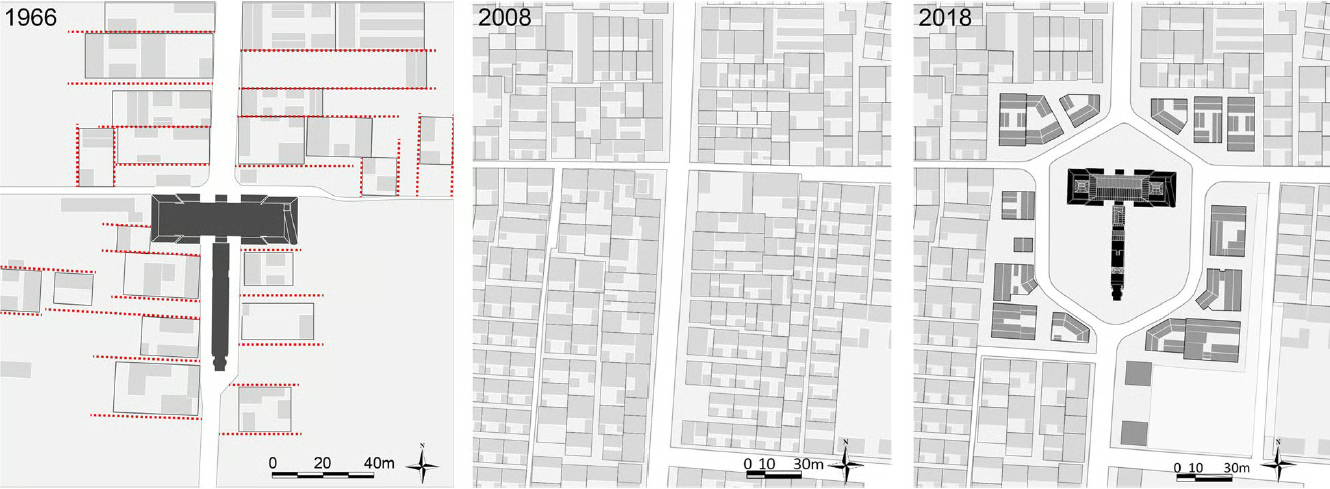 阳和楼区域，总平面图。左：1960年，木质楼阁被毁时；中：2008，复建前；右：2018，复建后 (来源: 作者基于 U.S. Geological Survey 的 DOQs 和 Google Earth 图像绘制)